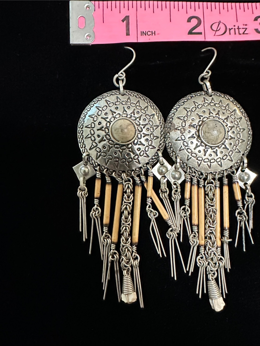 Vintage Bohemian Silver-Tone Fringe Concho Earrings with Tan Accents Tribal - Picture 4 of 5